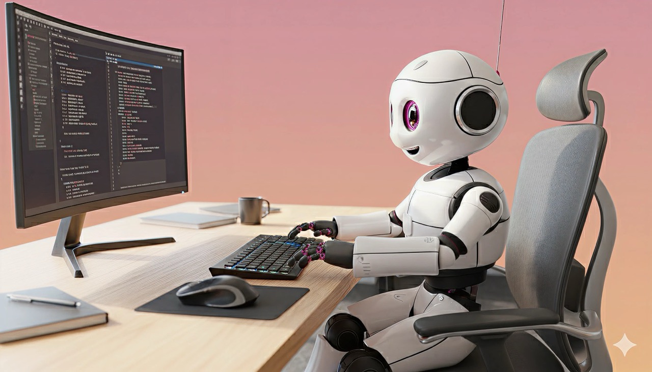 Robot IA assis à un bureau, écrivant du code sur un écran large, symbolisant le développement et la programmation automatisée.