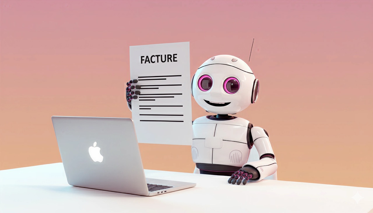 Robot IA tenant une facture devant un ordinateur portable, représentant l’automatisation de la facturation et de la gestion administrative.