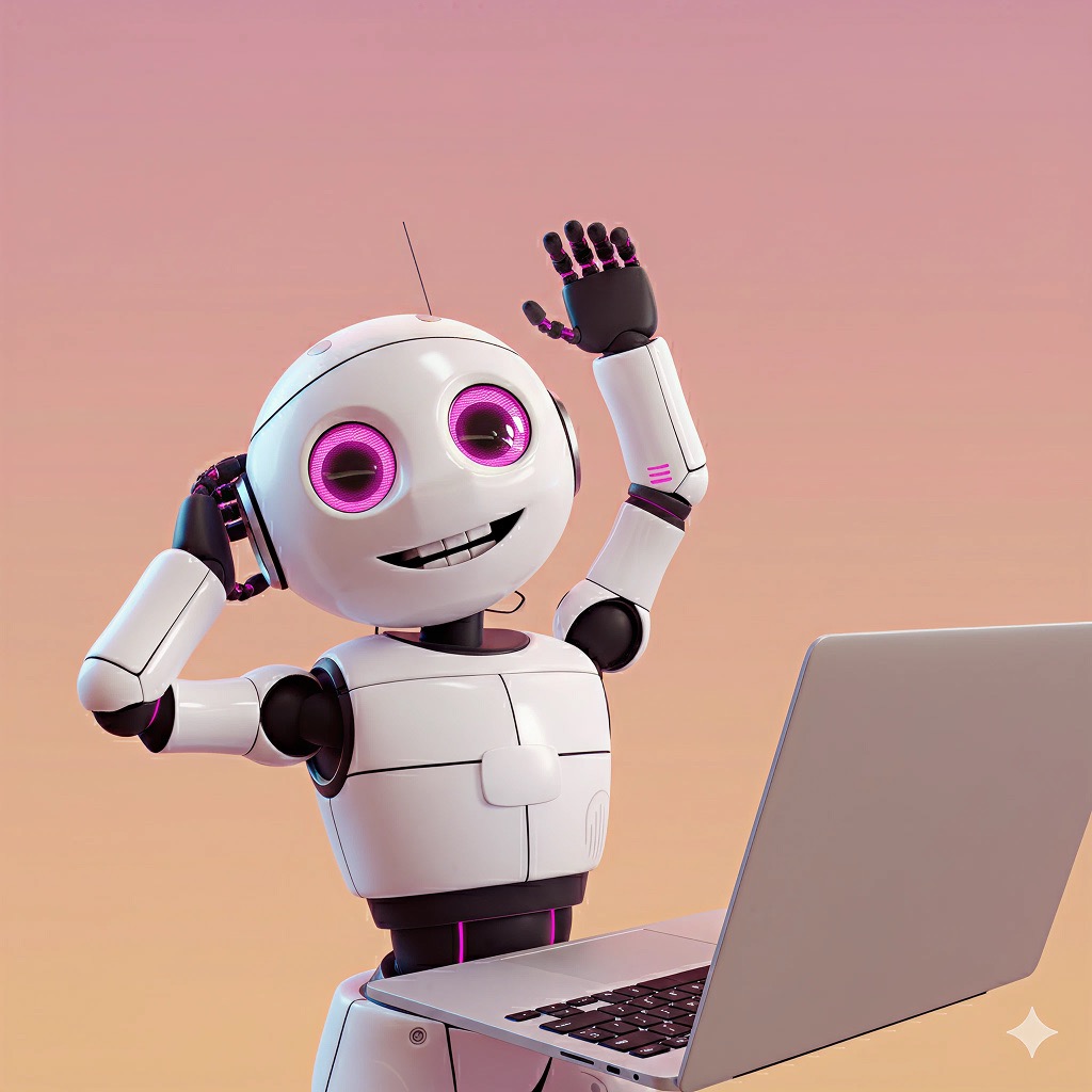 Robot IA souriant, levant la main devant un ordinateur portable, symbolisant l’automatisation et l’assistance digitale.