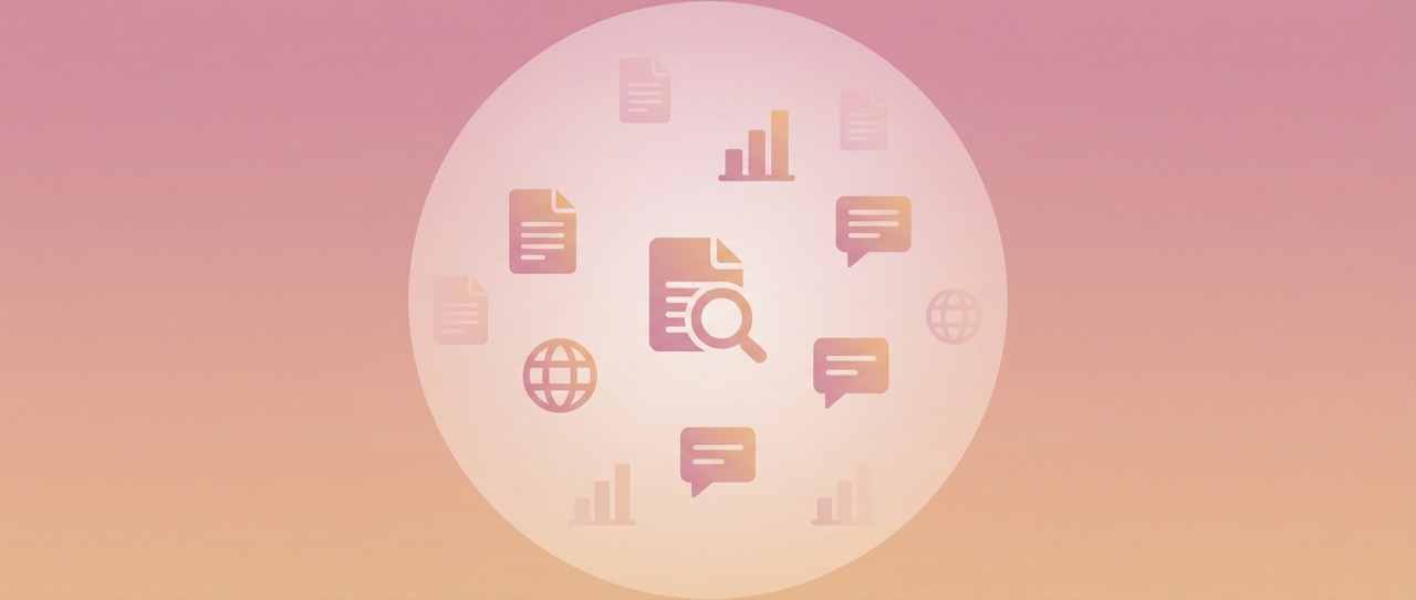 Icônes stylisées de documents, graphiques, globes terrestres et bulles de dialogue en cercle sur fond dégradé rose et orange.