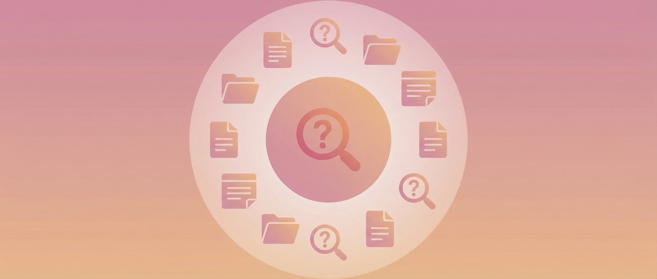 Icônes de dossiers, documents et loupes avec point d'interrogation disposées en cercle sur fond dégradé rose et orange.