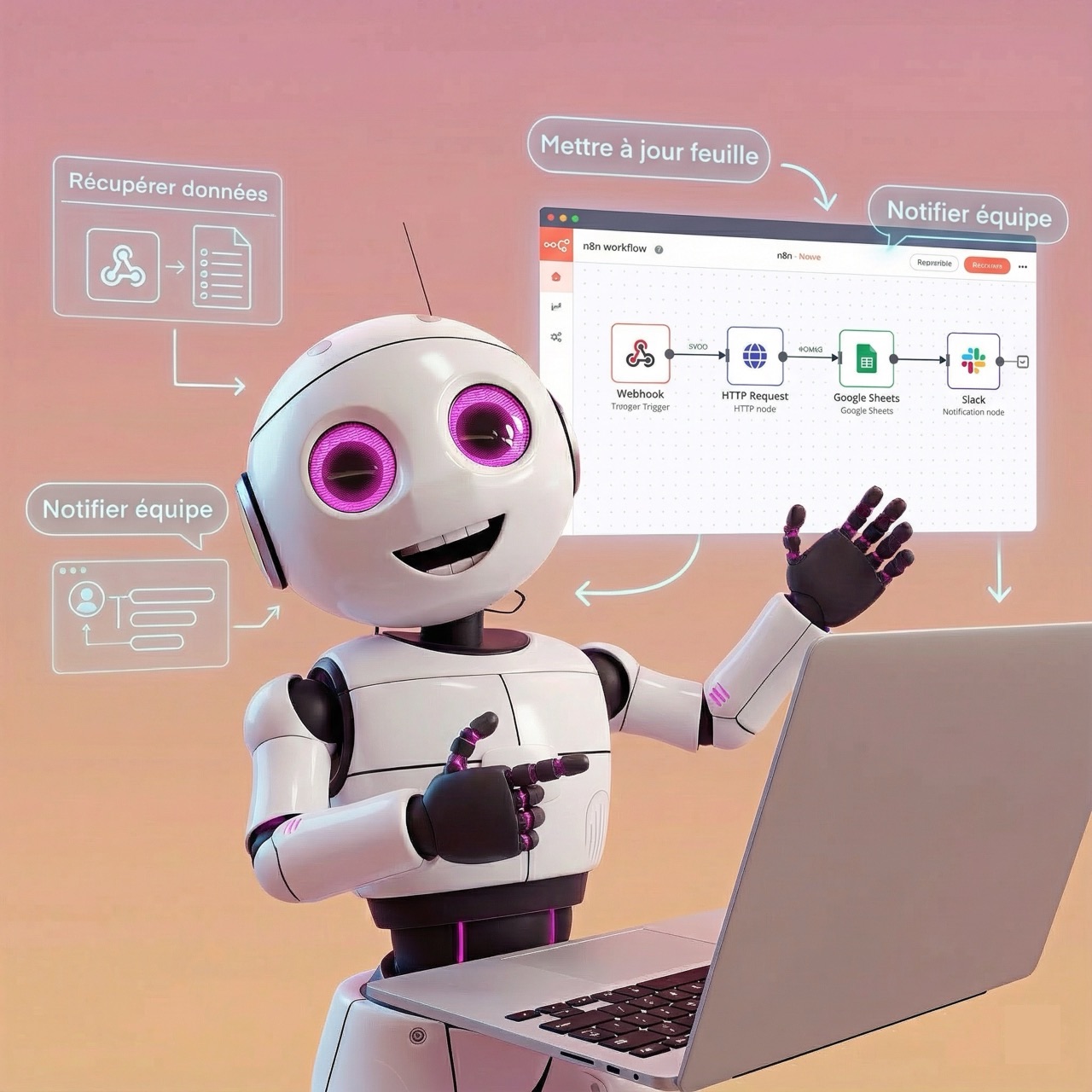 Robot souriant avec des yeux violets tenant un ordinateur portable devant un diagramme illustrant un flux de travail reliant Webhook, requête HTTP, Google Sheets et Slack.