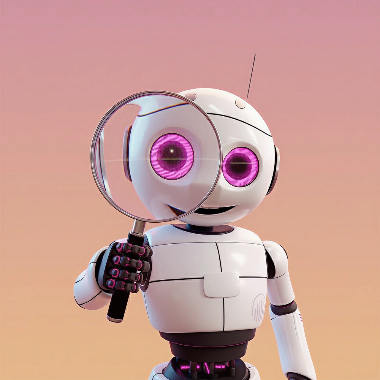 Robot blanc souriant avec des yeux roses tenant une loupe agrandissant un œil sur un fond dégradé rose à orange.