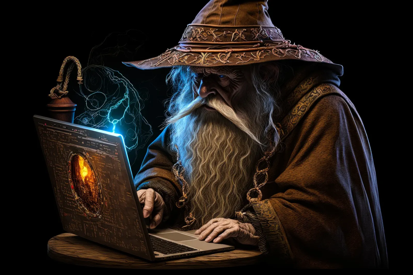 Wizard in a hooded robe working on a glowing laptop