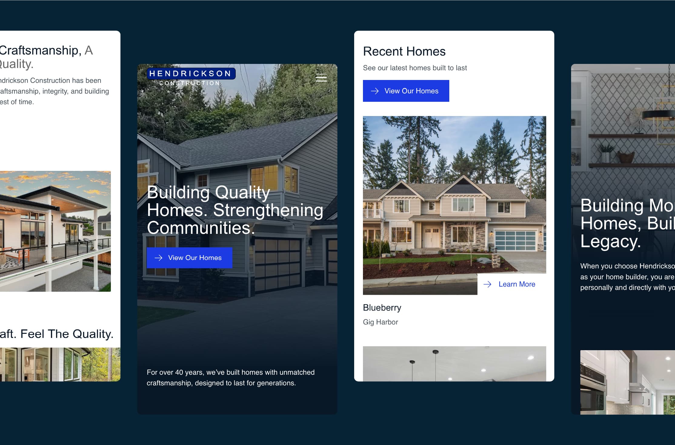Hendrickson Construction website pages, including the homepage and recent homes