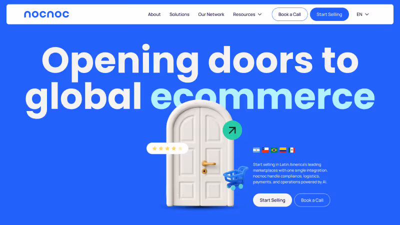 Website header with text 'Opening doors to global ecommerce' and a white door with icons.