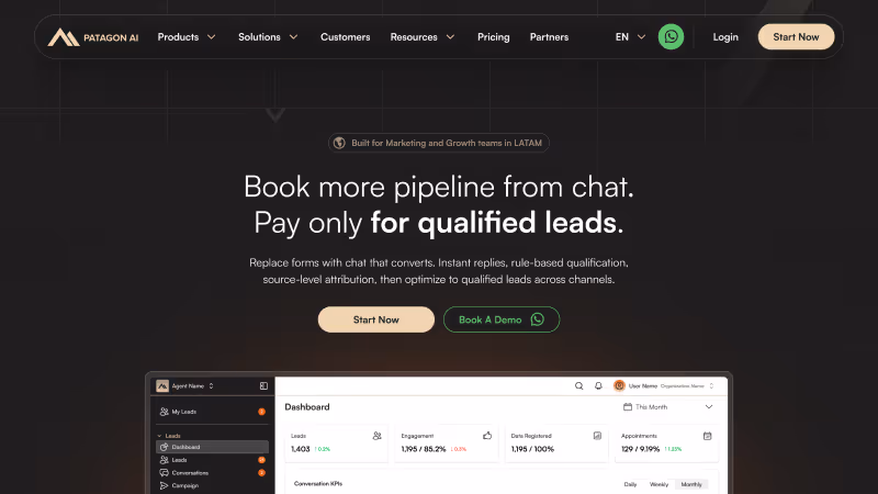 Patagon AI homepage showing chat-based pipeline booking with lead qualification and demo options.