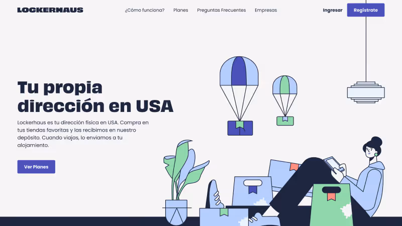 Website header with text about a USA shipping address and illustration of person with packages and parachutes.