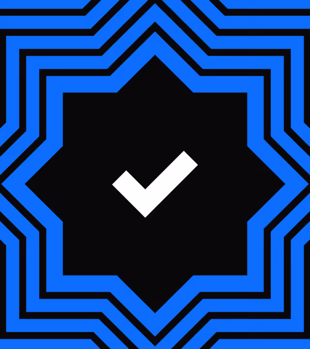 White checkmark inside a black star shape with layered blue and black border design.