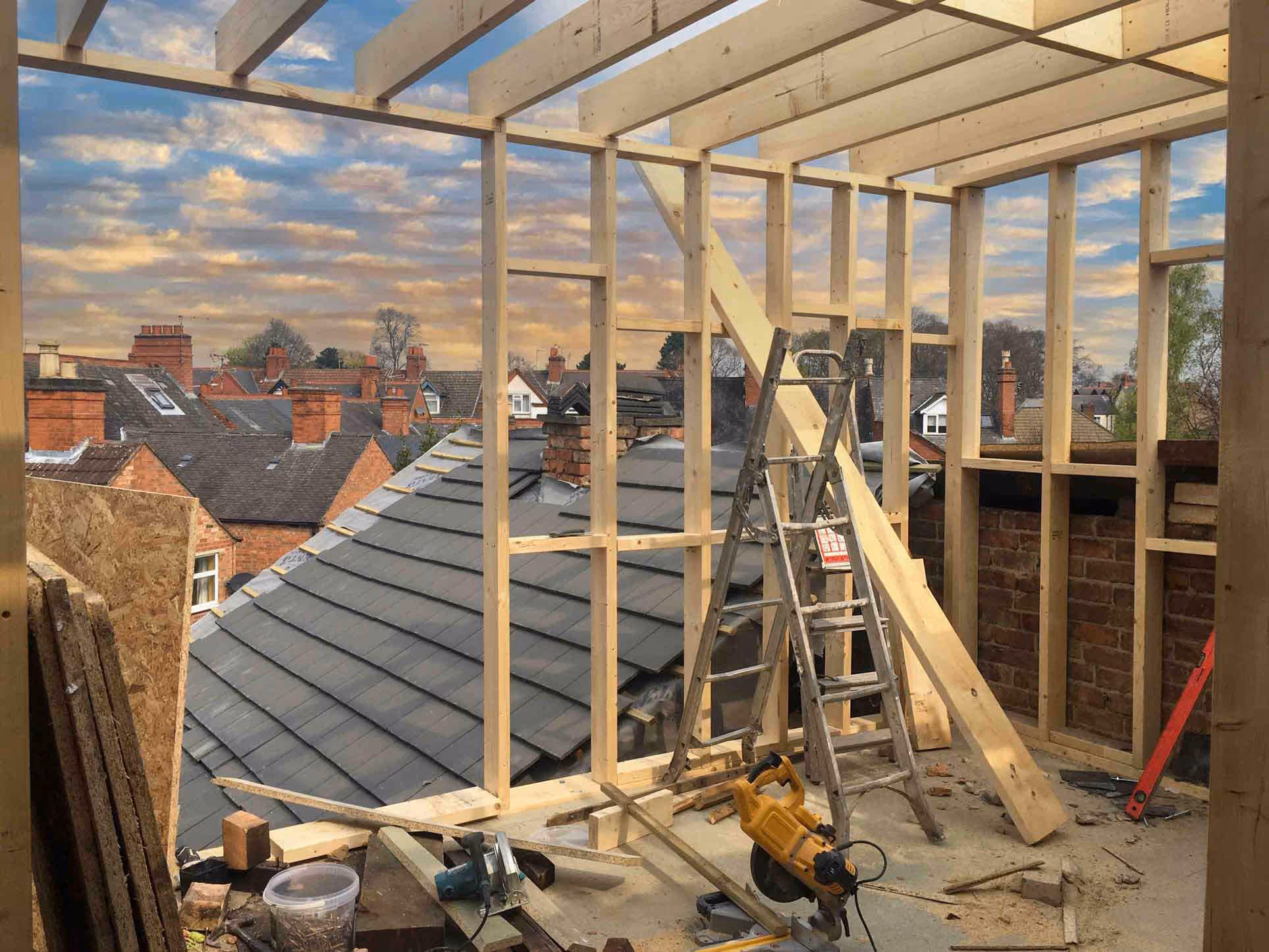 A photograph of an extension being built by RS Builders Leicester 