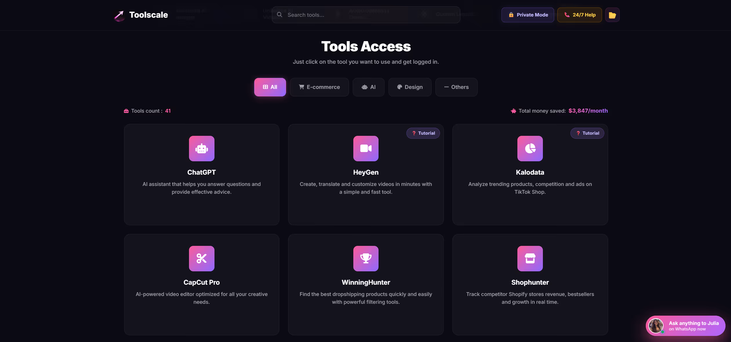 Toolscale app dashboard preview