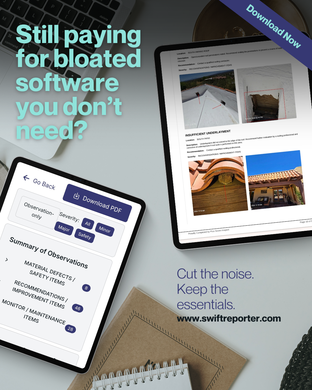 SwiftReporter home inspection software displayed on a tablet, showing a streamlined mobile reporting interface with photo annotations for residential roof and attic inspections.