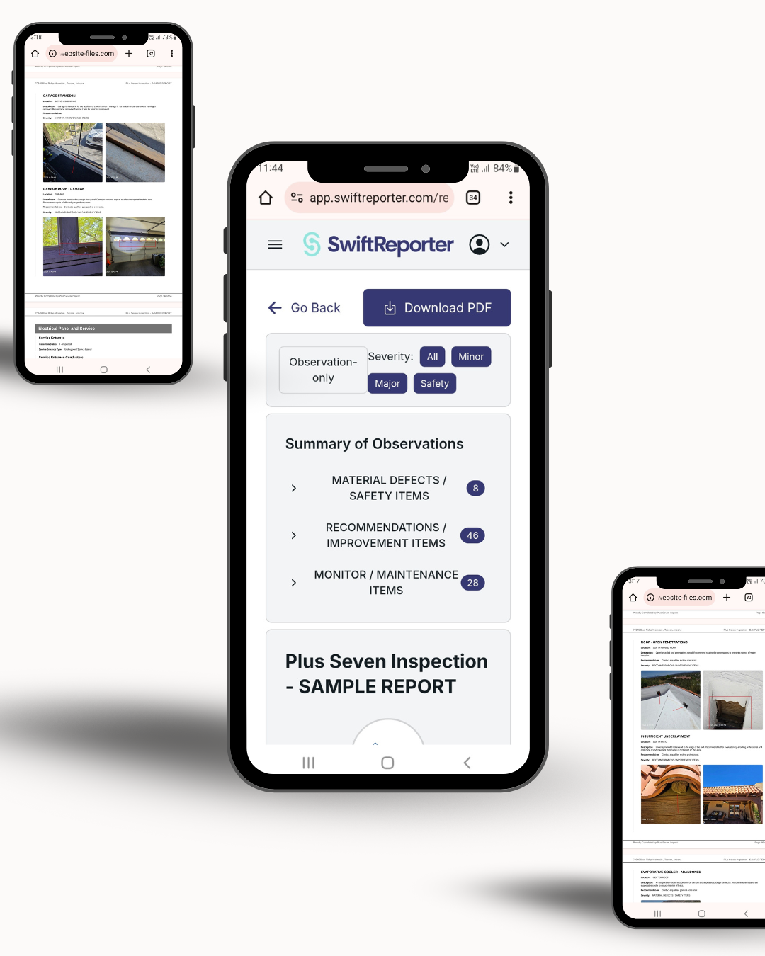 Mobile view of a SwiftReporter sample home inspection report, featuring a clean "Summary of Observations" with photo-rich defect documentation.