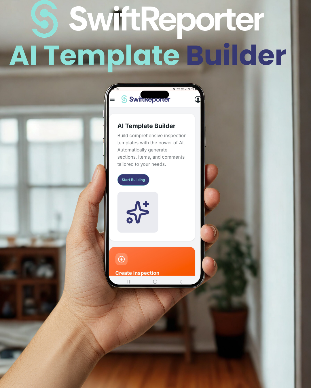 A sleek, modern user interface for SwiftReporter's AI Template Builder, showing various customizable options being quickly generated.
