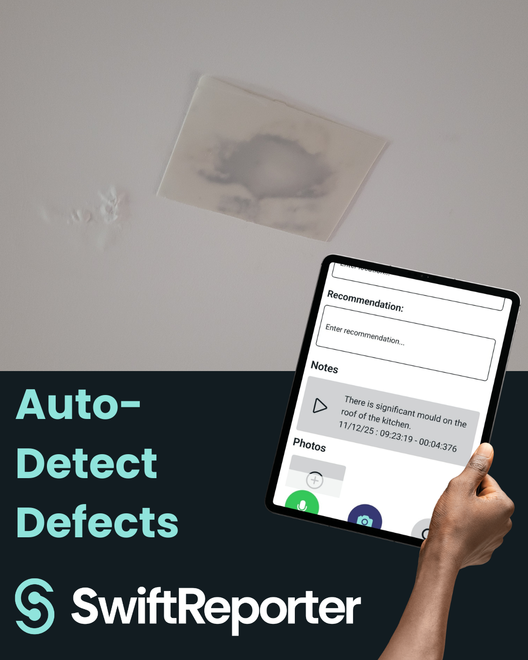 High-tech digital overlay on a home inspection photo, where SwiftReporter AI highlights a structural crack and provides real-time data analysis on a tablet.