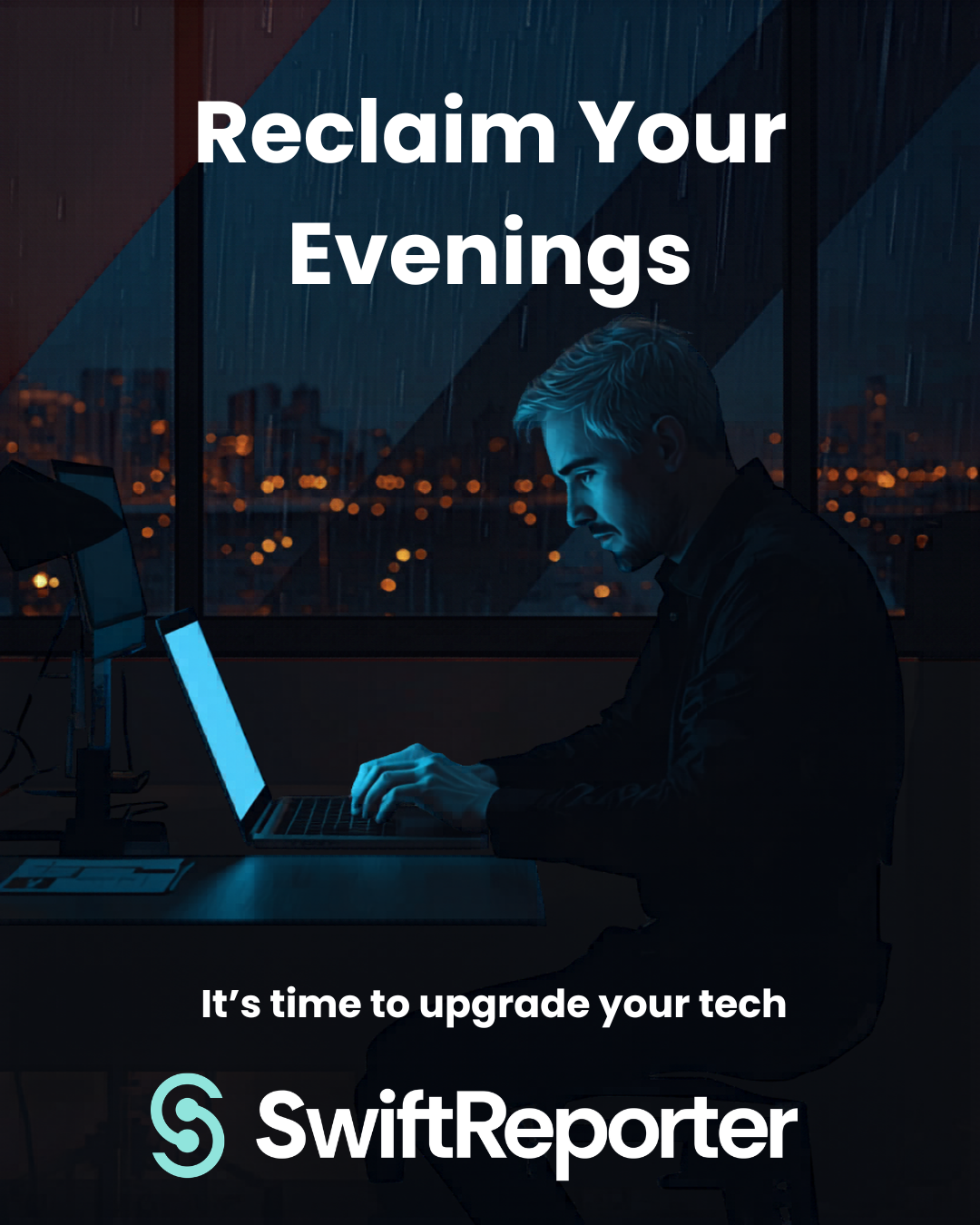 Marketing graphic of busy inspector working late at night in need of better software like SwiftReporter Software