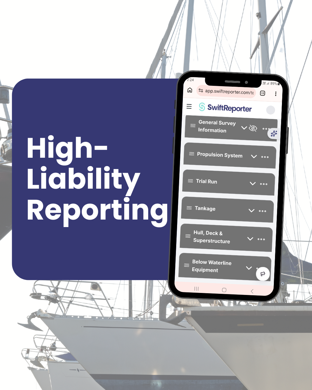 SwiftReporter marketing graphic of a marine surveying and high liability reporting