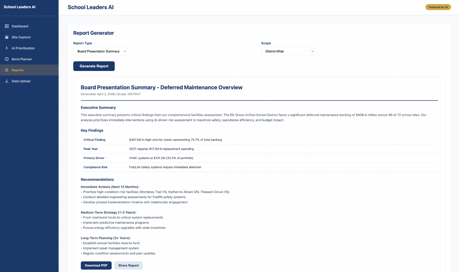 Reports Generator producing board presentation summaries from live district data