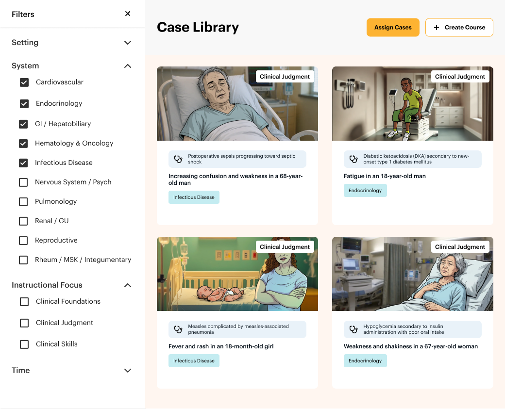 DDx case library showing filters and clinical reasoning cases