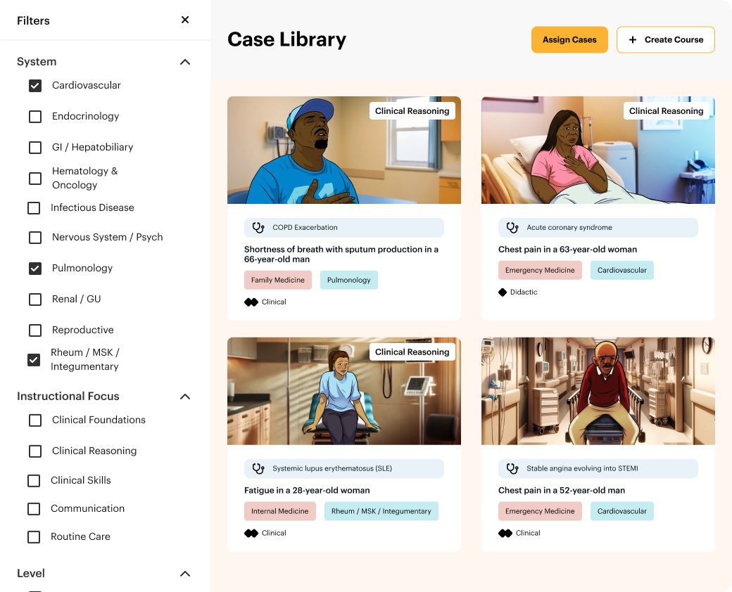 DDx case library showing filters and clinical reasoning cases