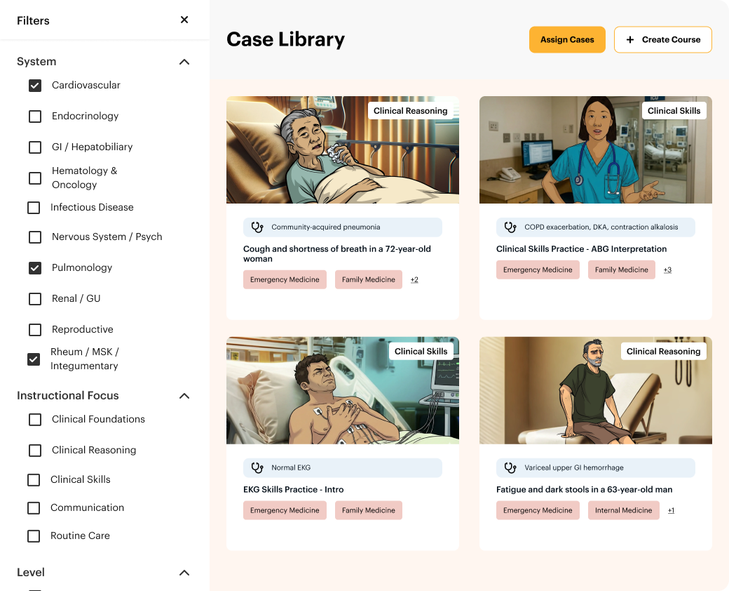 DDx case library filtered to high-acuity emergency and internal medicine residency cases