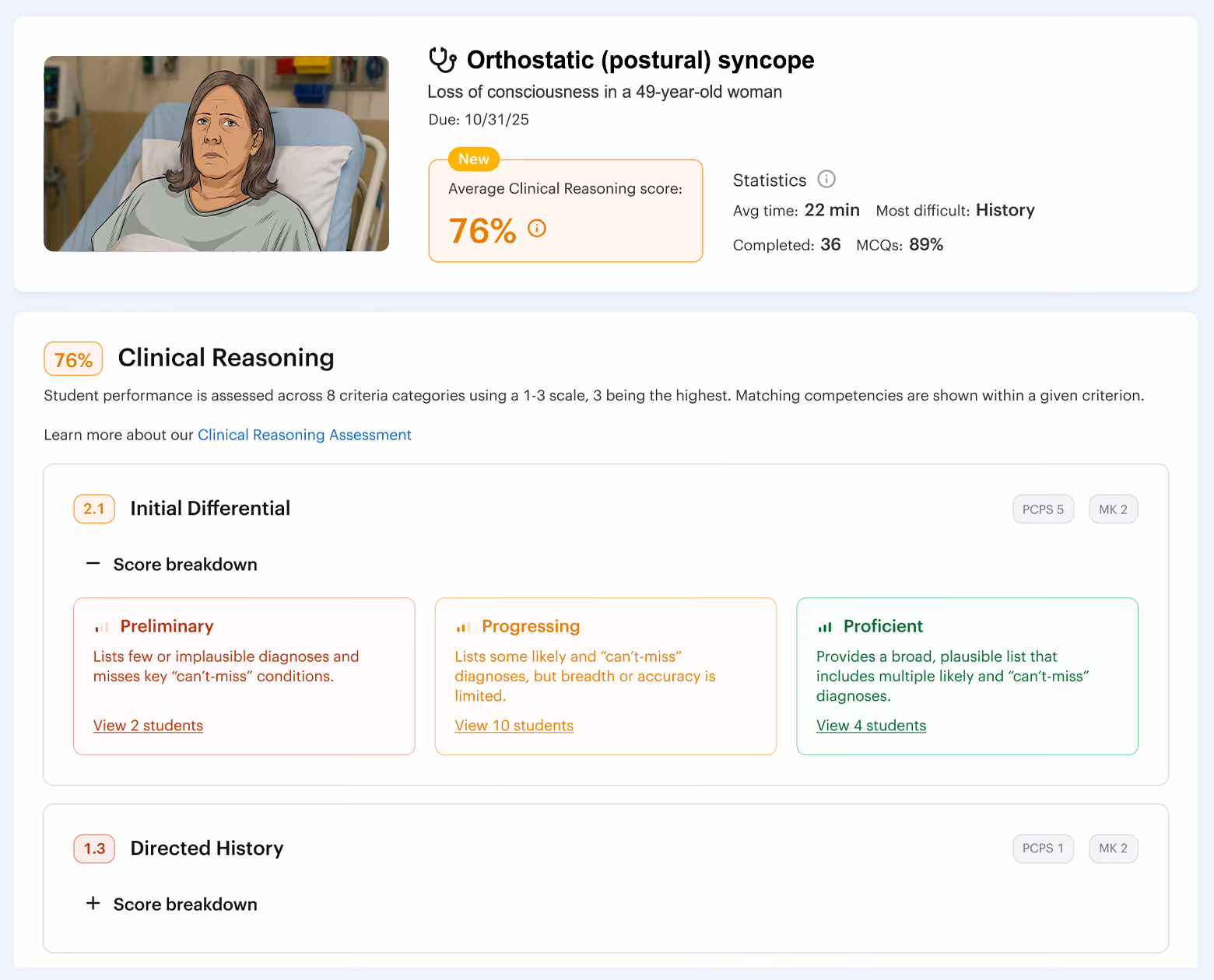 DDx rubric-based clinical reasoning score breakdown on an orthostatic syncope case