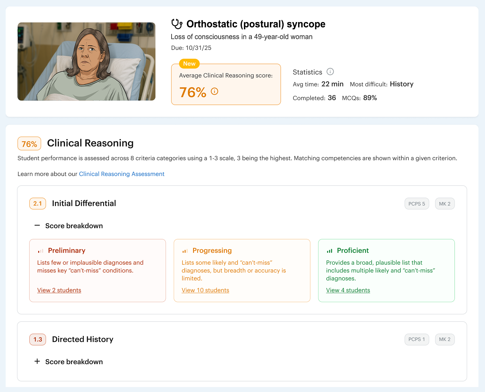 DDx rubric-based clinical reasoning score breakdown on an orthostatic syncope case