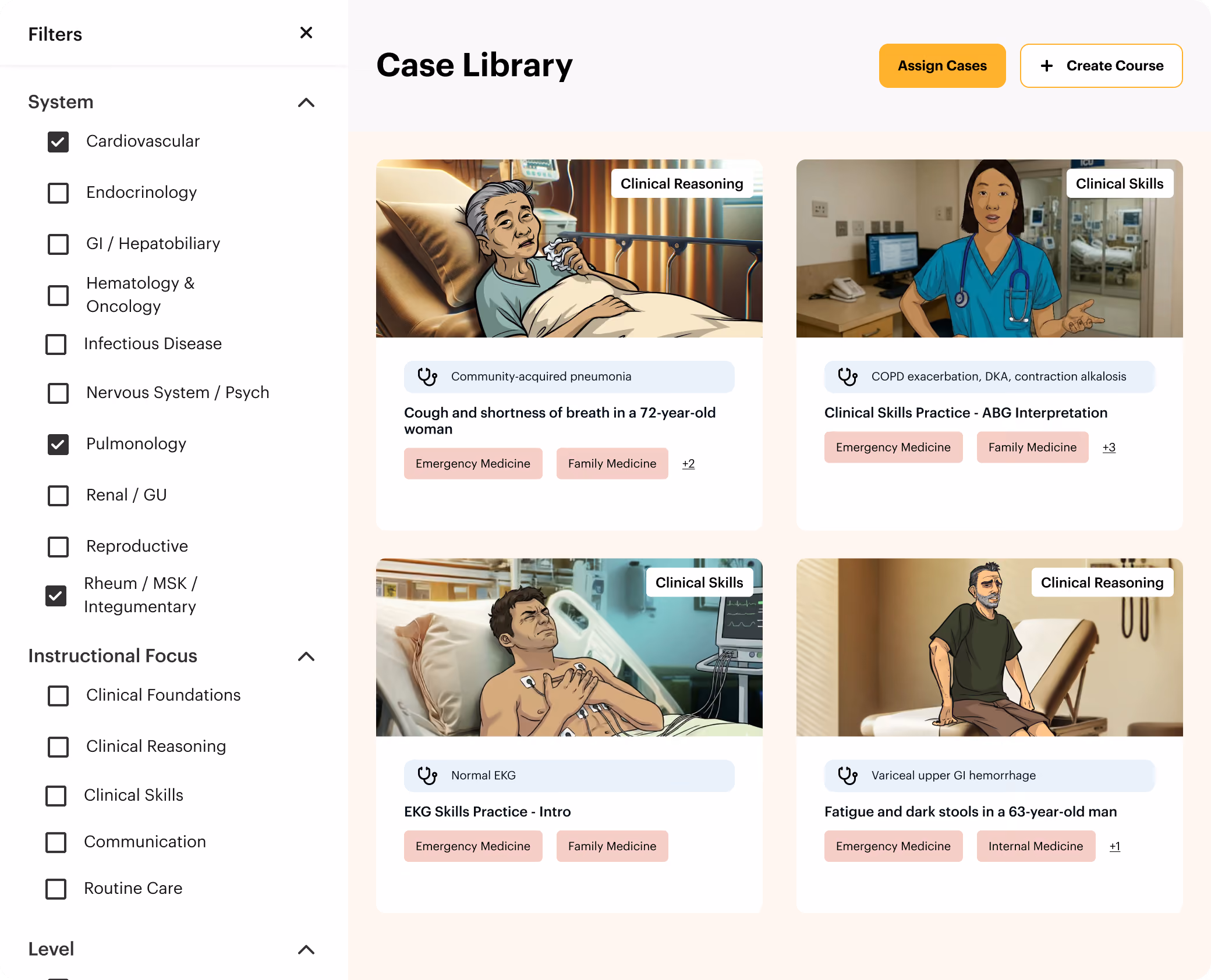 DDx case library filtered to high-acuity emergency and internal medicine residency cases