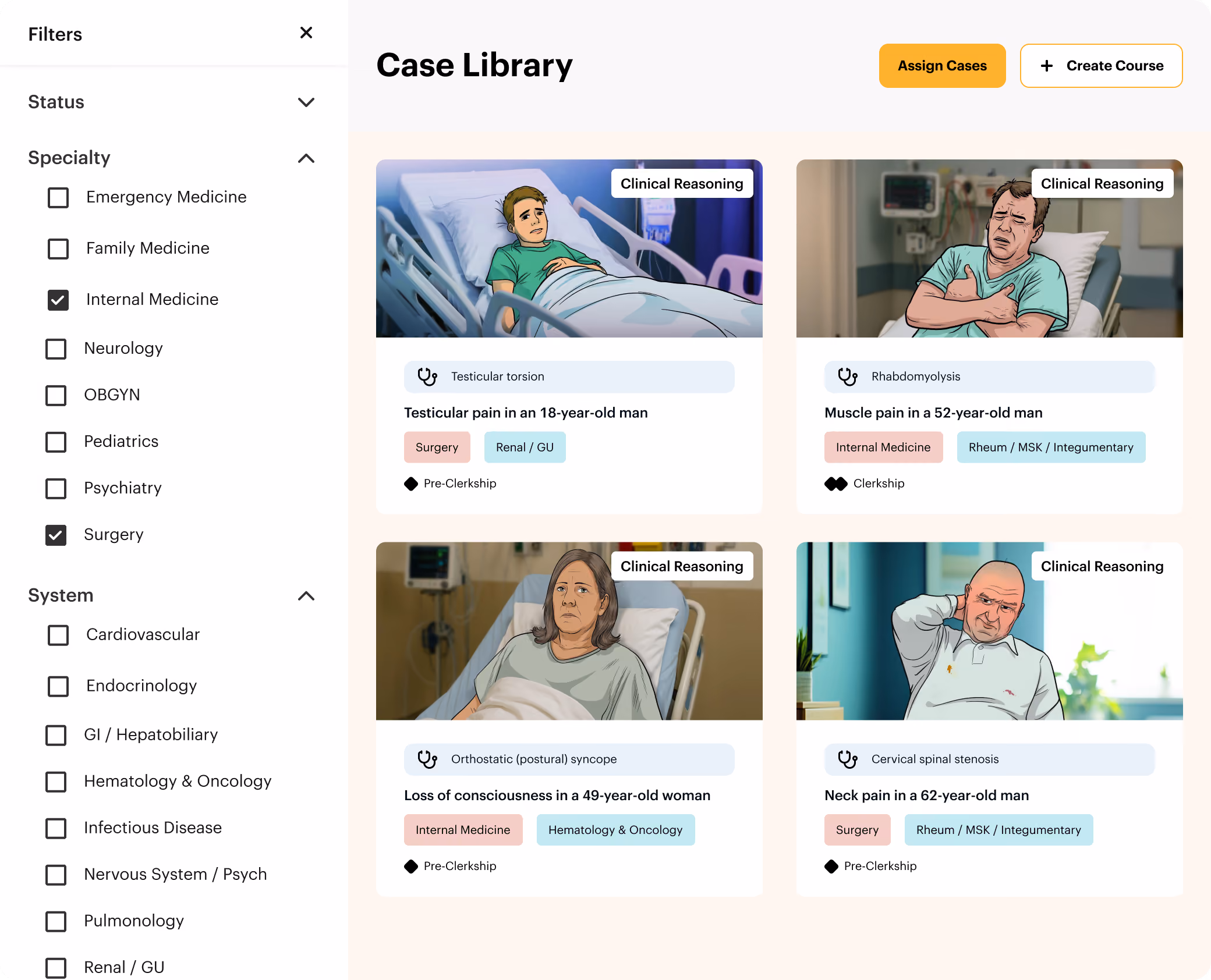 DDx case library showing filters and clinical reasoning cases