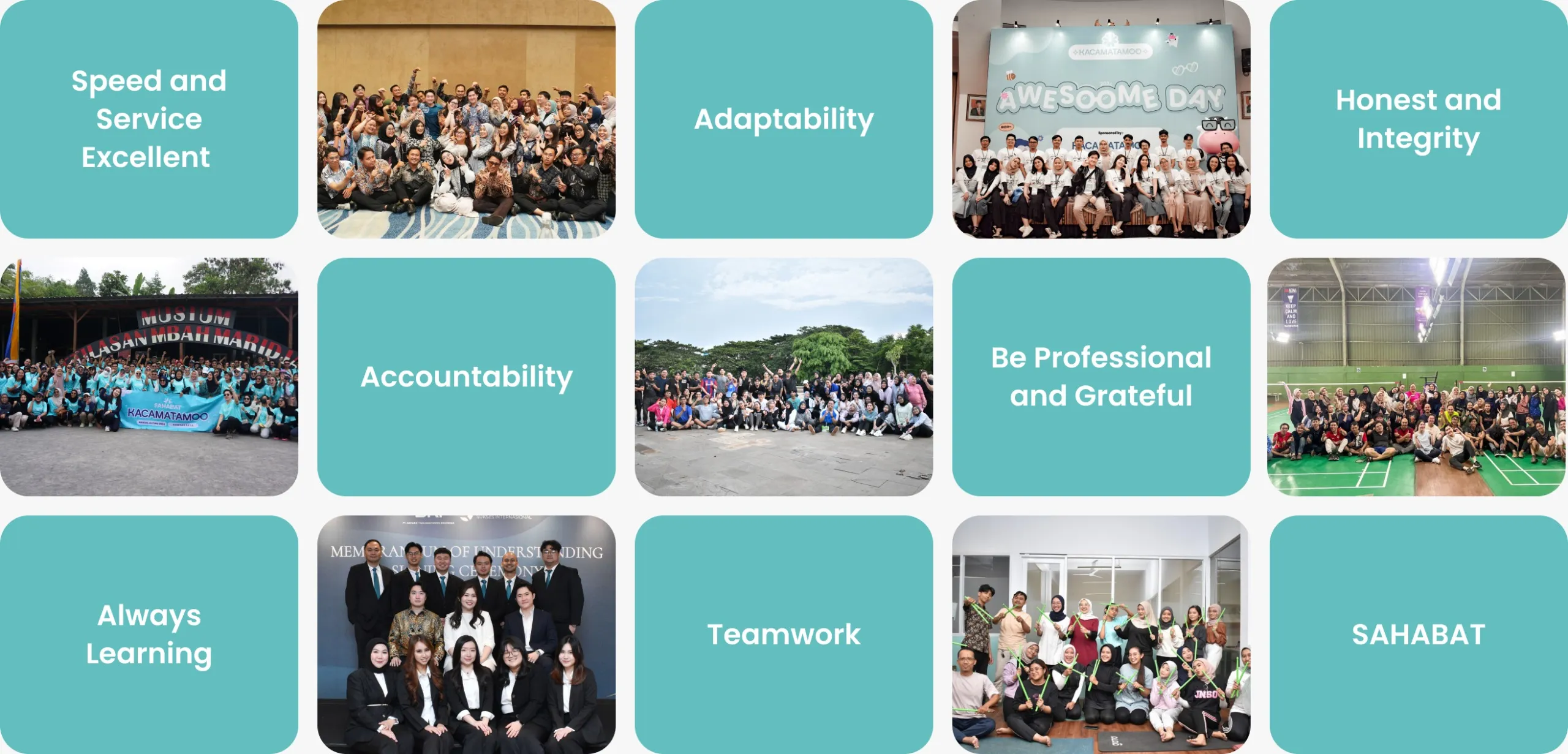 Collage of team photos and core values including Speed and Service Excellent, Adaptability, Honest and Integrity, Accountability, Be Professional and Grateful, Always Learning, Teamwork, and SAHABAT.