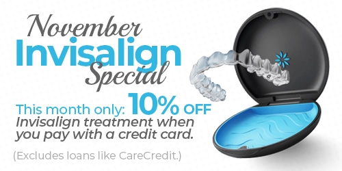 Advertisement for November Invisalign Special offering 10% off Invisalign treatment this month with credit card payment, excluding loans like CareCredit, with an image of an Invisalign aligner next to an open black and blue case.