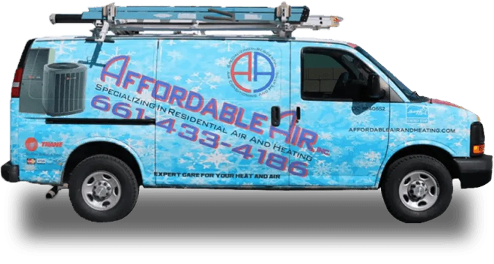 Blue Affordable Air van with snowflake design and company branding