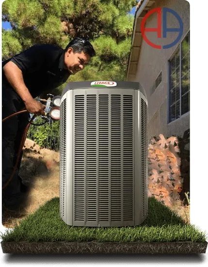 Technician cleaning and maintaining an outdoor air conditioning unit