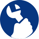 White hand holding wrench on blue circular background