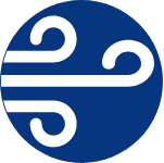 Blue circular logo with stylized wind or air symbol