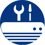 Blue and white icon of a wrench and screwdriver on a mechanical device