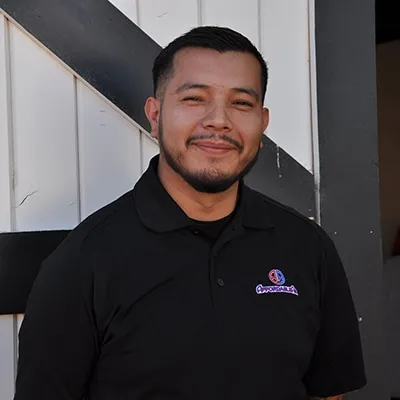 Smiling professional in black polo shirt standing against striped wall