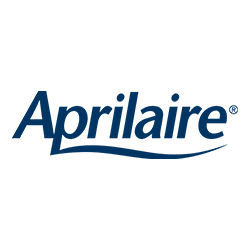 Aprilaire logo in blue and white with wavy underline