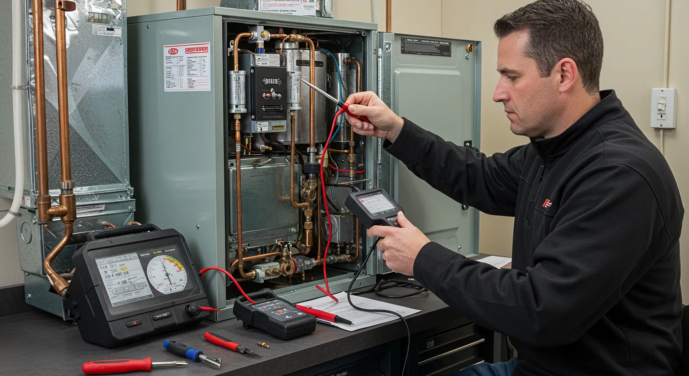 Technician checking electrical connections on industrial heating system