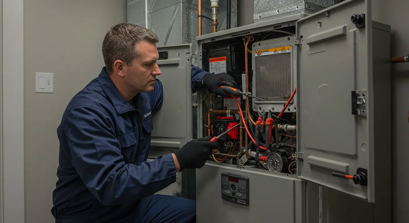 Technician in blue uniform repairing HVAC system's internal components