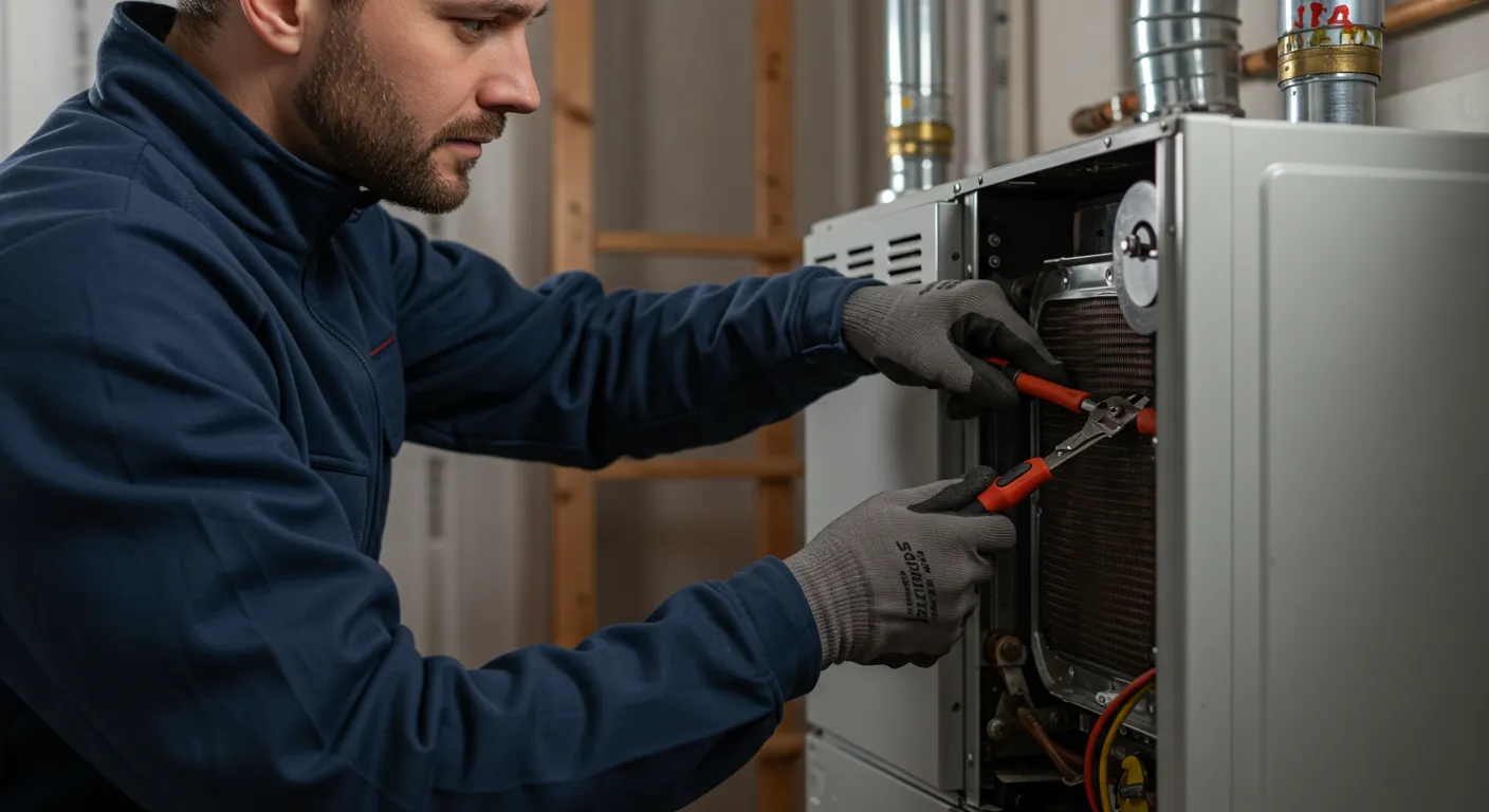 Technician in blue jacket repairing heating system with wrench