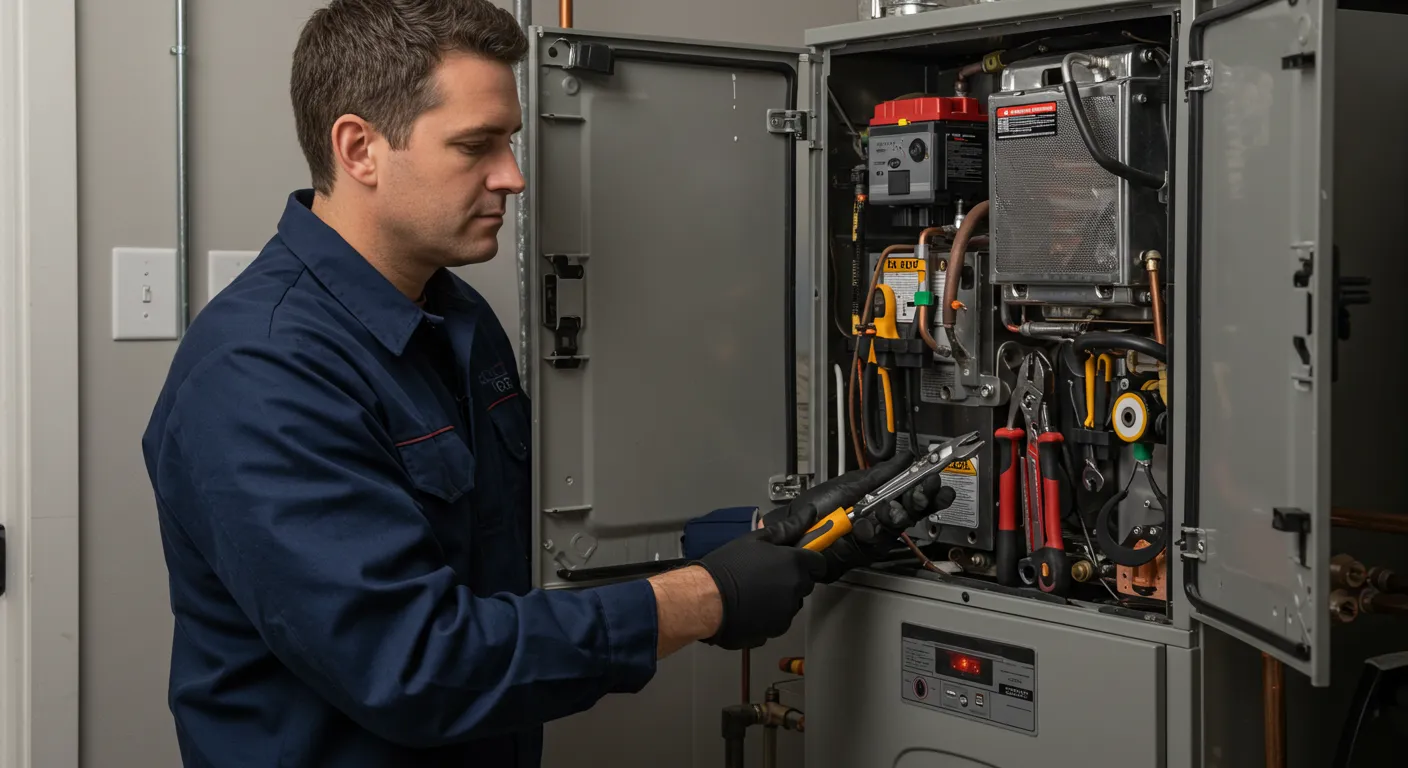 Technician inspecting electrical panel with tools in industrial setting