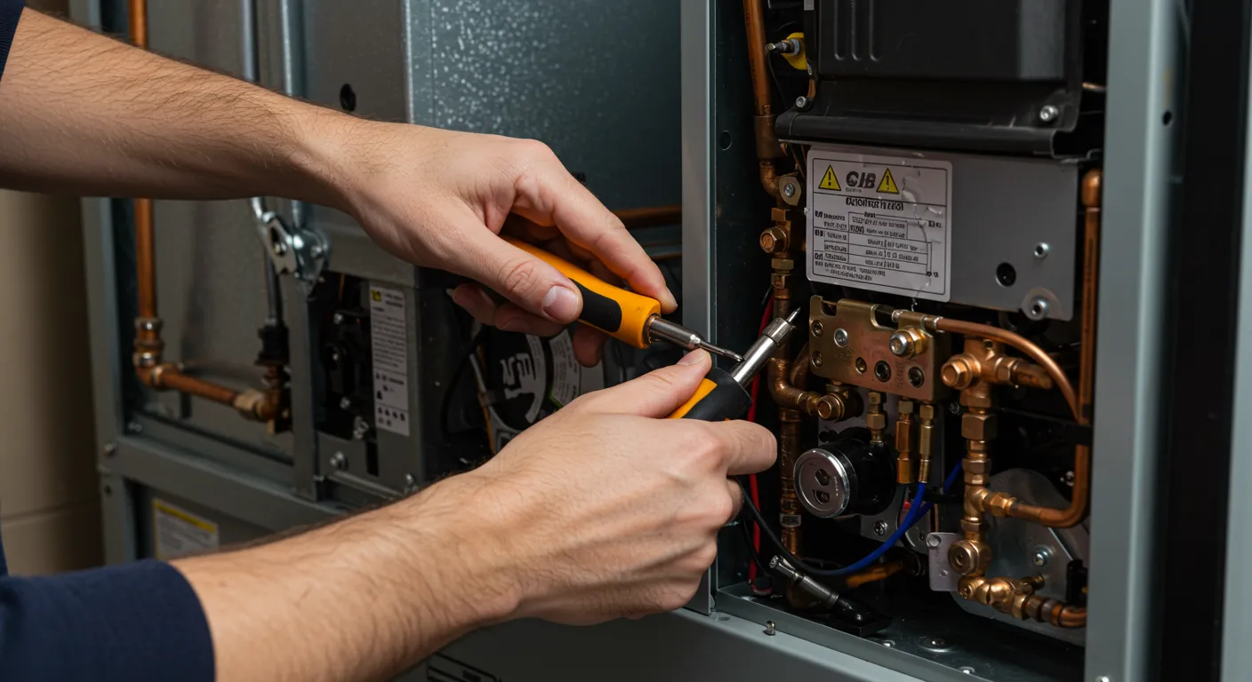 Technician repairing industrial equipment with a yellow-handled screwdriver