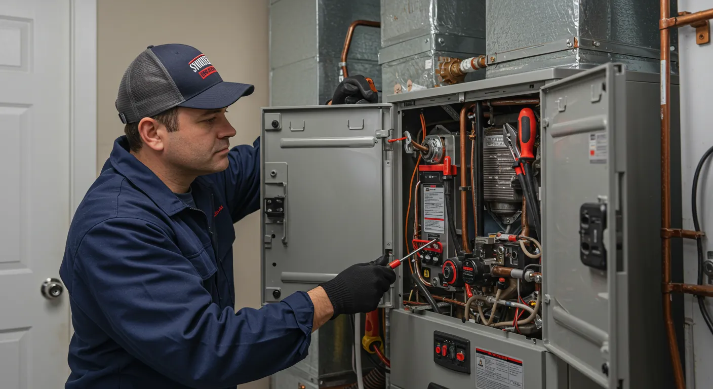 Technician inspecting and repairing industrial HVAC equipment