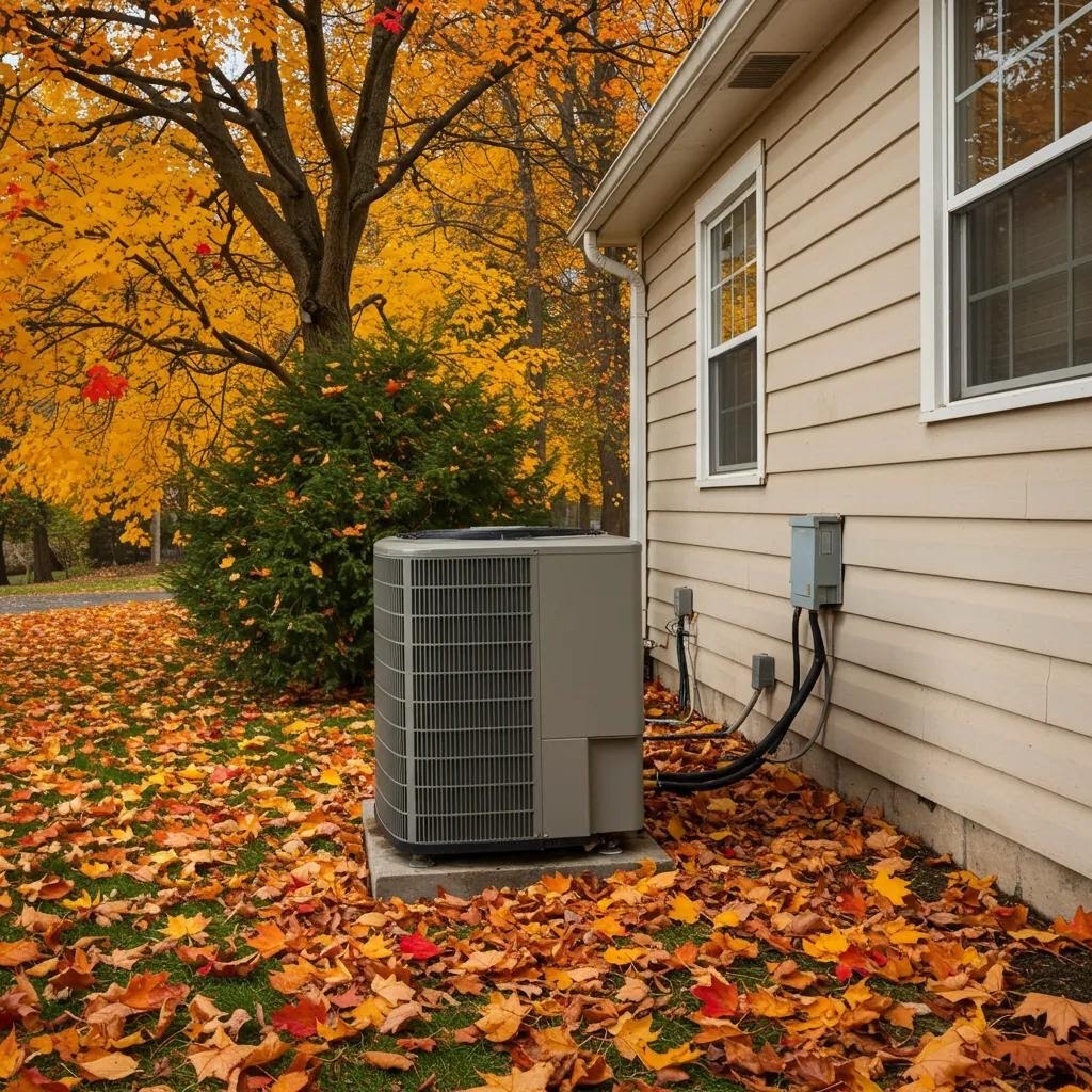 Cozy autumn scene with a well-maintained HVAC system surrounded by colorful fall leaves