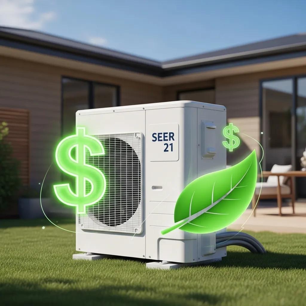 Graphic showing SEER range and energy efficiency comparisons for residential air conditioning