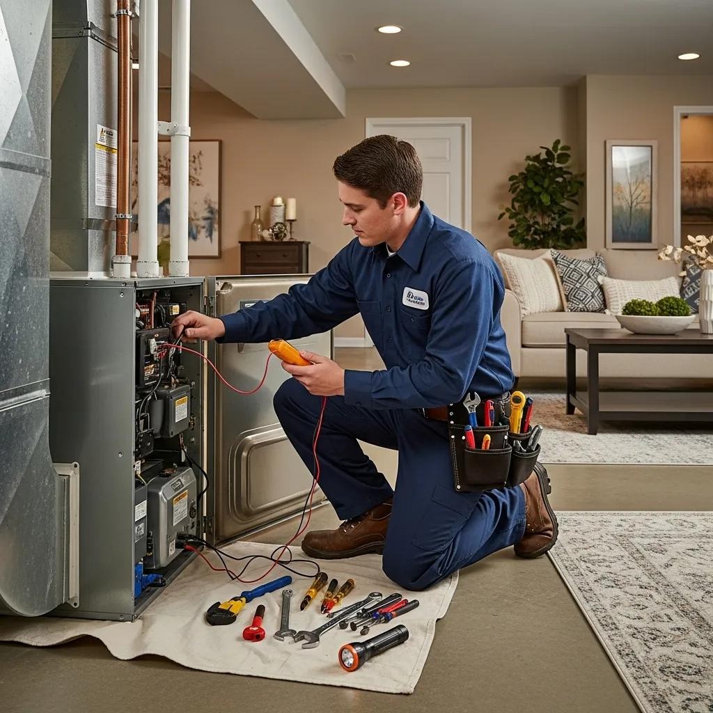Technician repairing HVAC system in a home, highlighting emergency repair services