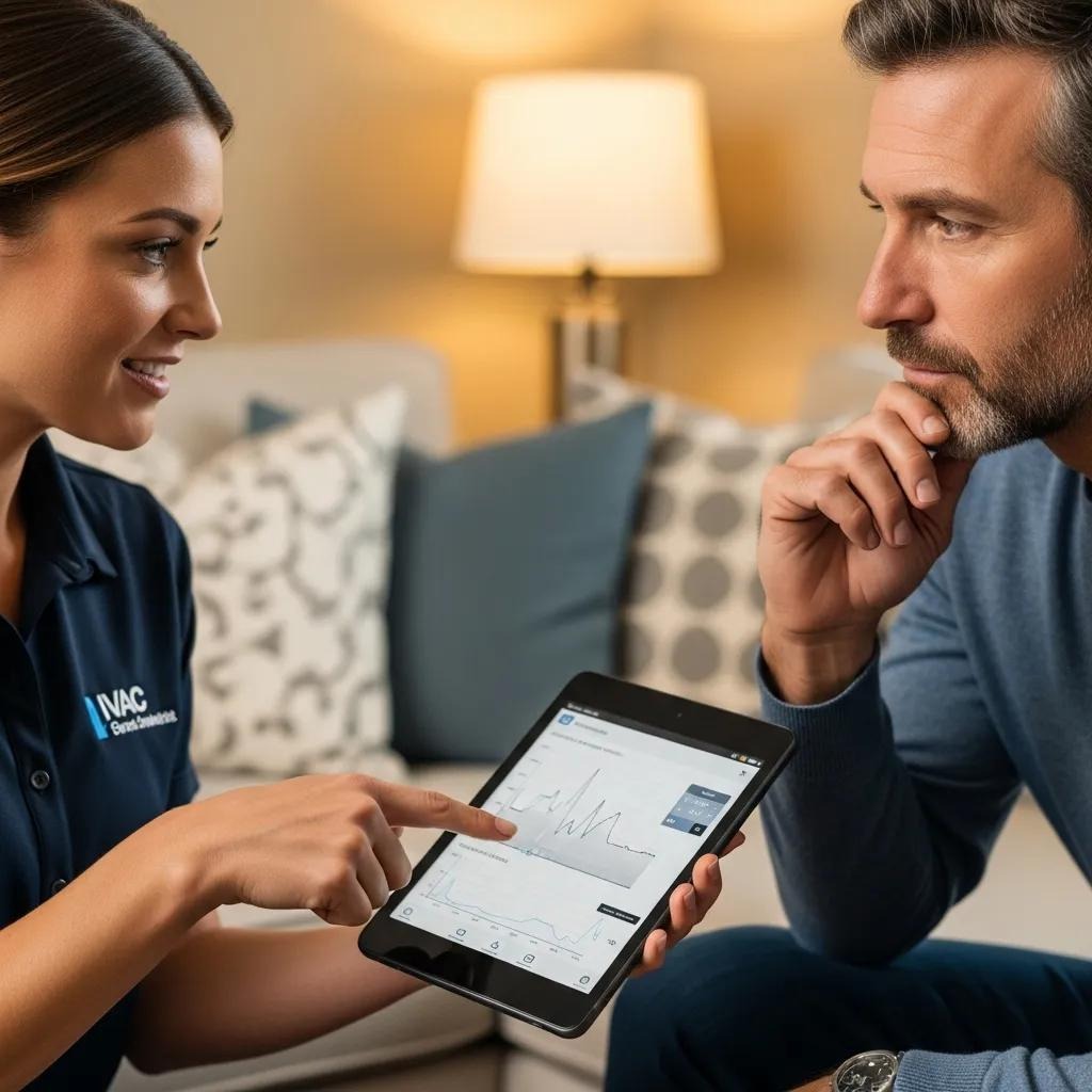 Technician explaining HVAC repair process to homeowner, showcasing reliability and transparency