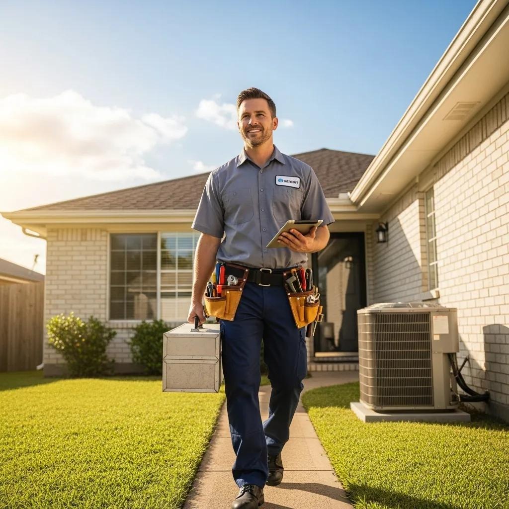 Technician arriving for same-day AC repair service at a residential home