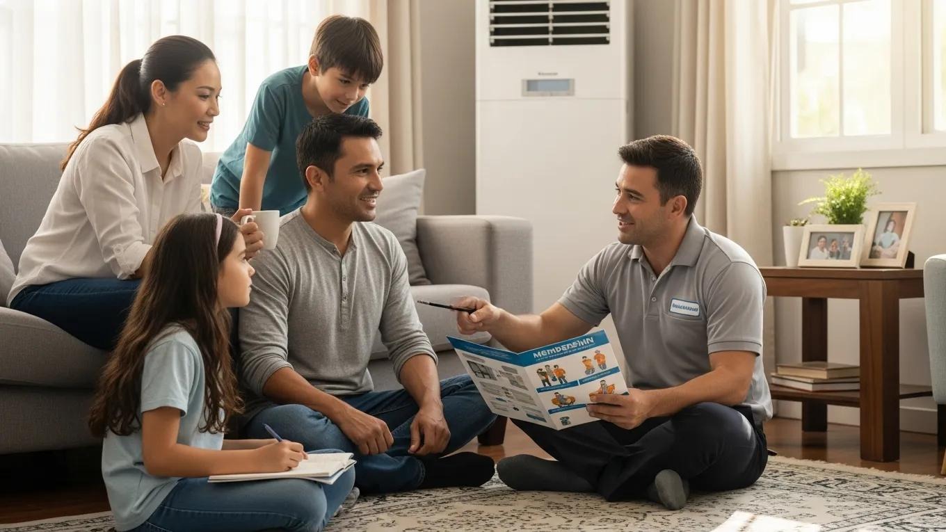 Family discussing air conditioning maintenance membership plans with a technician in a cozy home setting